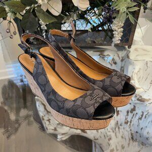 👡 Coach Signature Black Cork Wedge Slingback Sandals – Size 8.5B